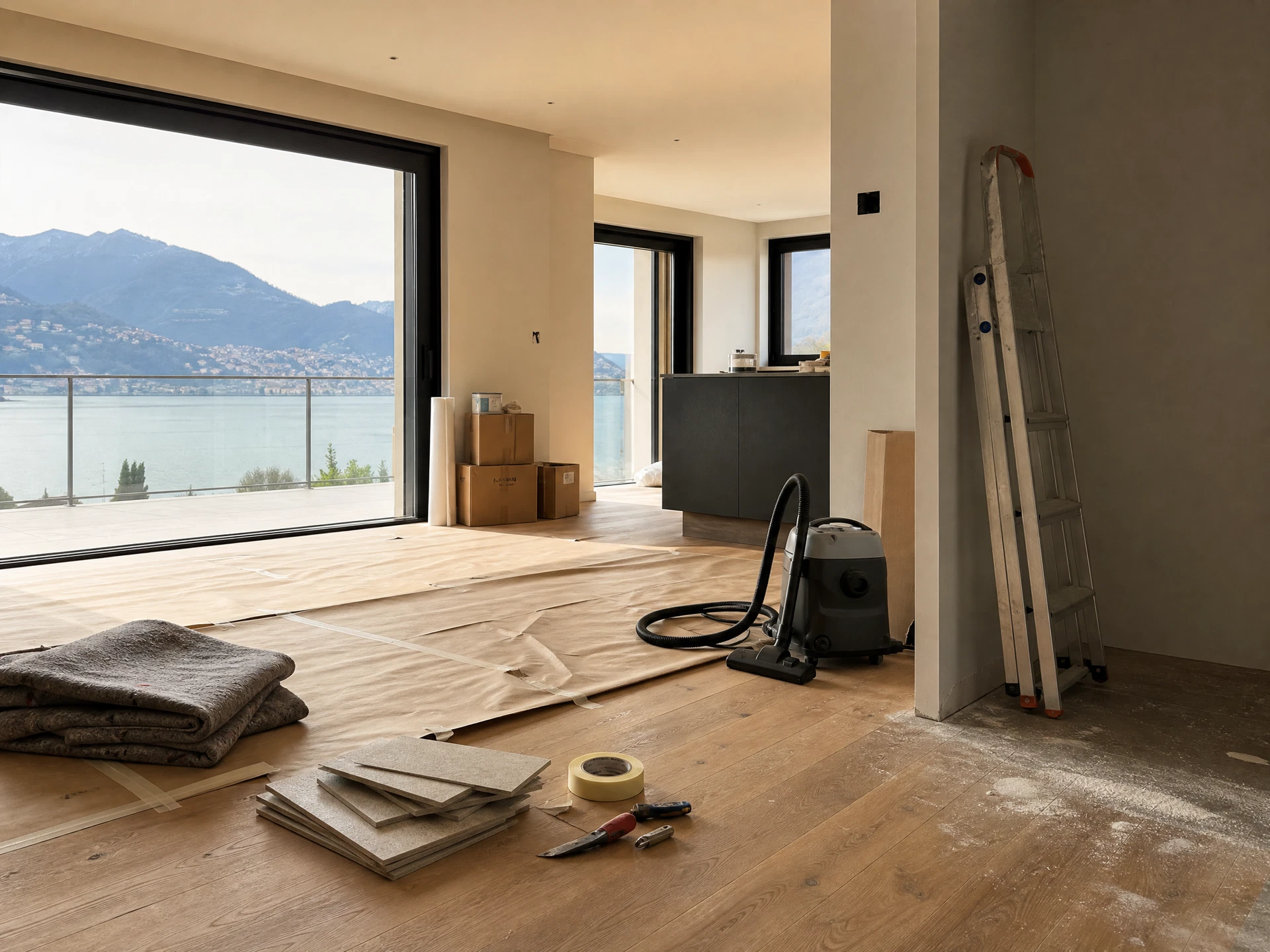 Fin de chantier dans un intérieur contemporain : protections, outils et éléments à finaliser avant la remise en état